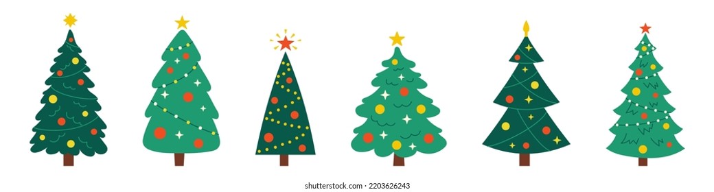 Vector New Year set with christmas trees. Evergreen trees with balls, stars and garlands. Fir trees for Christmas. 