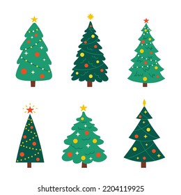 Vector New Year set with christmas trees. Evergreen trees with balls, stars and garlands. Fir trees for Christmas. 