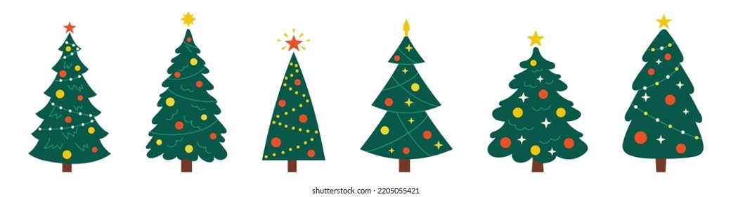 Vector New Year set with christmas trees. Evergreen trees with balls, stars and garlands. Fir trees for Christmas. 