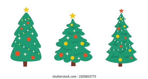 Año Nuevo vectorial con árboles de navidad. Árboles siempre verdes con bolas, estrellas y guirnaldas. Árboles de flores para Navidad. 