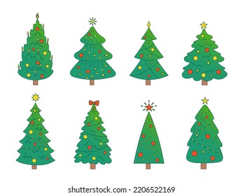 Vector New Year set with christmas trees. Evergreen trees with balls, stars and garlands. Gradient fir trees for Christmas. 