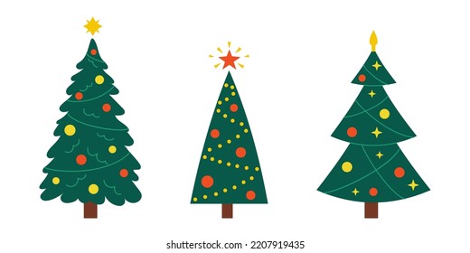 Vector New Year set with christmas trees. Cute evergreen trees with balls, stars and garlands. Fir trees for Christmas. 