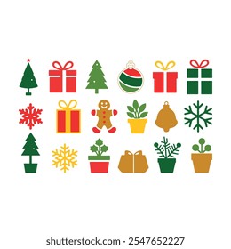 Vector Año Nuevo con árboles de Navidad. Árboles de hoja perenne con bolas, estrellas y guirnaldas. caja de regalo, abetos para Navidades