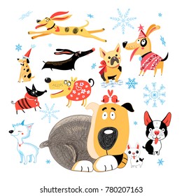 Vector New Year set of different funny dogs on white background