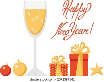 Vector new year set : glass of champagne, decorative balls, gift boxes with bow, golden star, lettering. Isolated on white flat design elements for holiday card, poster, invitation.