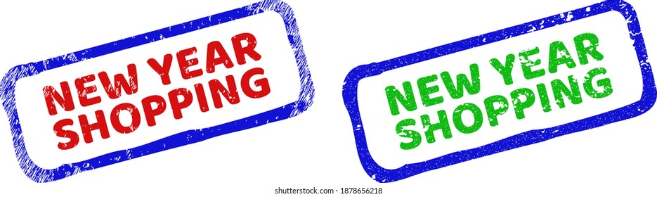 Vector NEW YEAR SHOPPING framed rubber imitations with grunge style. Rough bicolor rectangle seal stamps. Red, blue, green colors used.