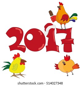 Vector New Year symbol design isolated. Rooster, cock portrait cartoon illustration. Merry Christmas, happy New Year, xmas holiday memory card design element. Chinese year symbol. Cartoon style.