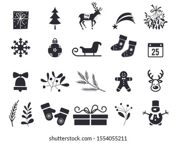 Vector new year symbols black isolated on white background. Winter elements set. Christmas icons.
