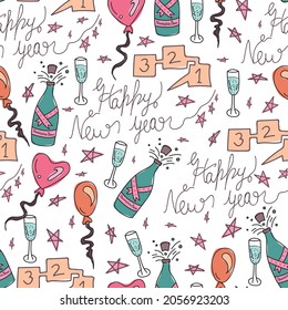 Vector New Year text with party celebration elements seamless pattern background. Good use for fabrics, scrapbooking, Party fabrics, Ribbons etc.