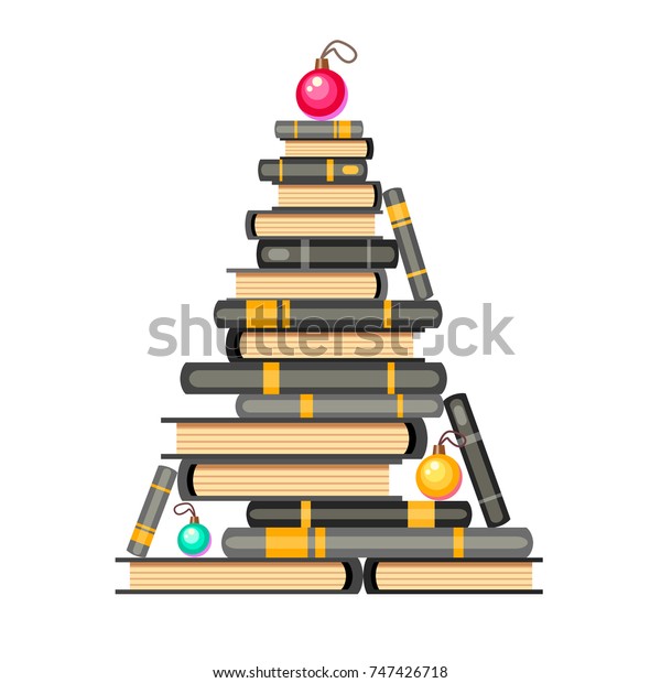白黒の本とクリスマスボールのベクター画像新年樹 カートーンのx Masイラスト かわいい本 の山 ホームライブラリ 幸せな教育 のベクター画像素材 ロイヤリティフリー