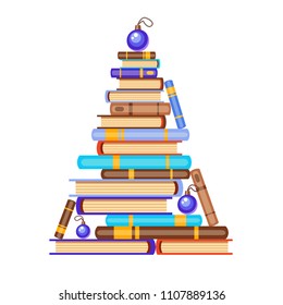 Árbol vectorial de año nuevo de libros y bolas de Navidad marrones y azules. Dibujo de caricaturas de Navidad. Un montón de libros. Biblioteca doméstica. Feliz educación.