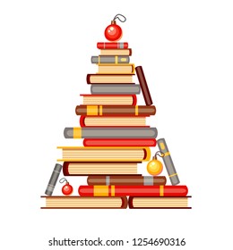 Árbol vectorial de año nuevo de libros y bolas de Navidad marrones, rojos, amarillos y grises. Dibujo de caricaturas de Navidad. Un montón de libros. Biblioteca doméstica. Feliz educación.