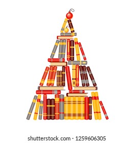 Vector new year tree of brown, red, yellow and gray books and christmas balls. Cartoon x-mas illustration. Cute pile of books. Home library. Happy education.