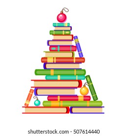 Vector new year tree from colorful books and christmas balls. Cartoon x-mas illustration. Cute bright pile of books. Home library. Happy education. 