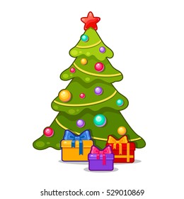 Vector new year tree with multicolored balls a star and presents. Bright christmas illustration in a cartoon style. Cute x-mas tree.