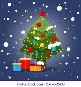 vector new year tree winter background illustration star merry design happy box gift greeting card snow cute creative joy toy blue red colorful congratulation white ball festive traditional banner eve