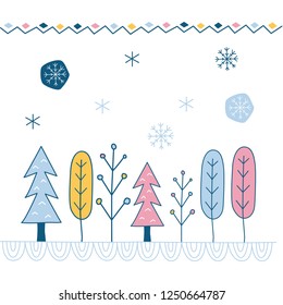 VECTOR NEW YEAR WINTER ILLUSTRATION SET TREES AND SNOWFLAKES