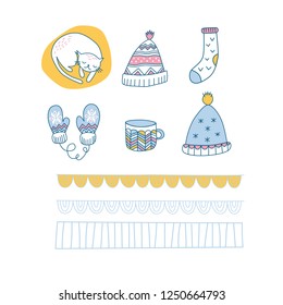 VECTOR NEW YEAR WINTER ILLUSTRATION SET WITH CAT, HAT, SOCK, GLOVES, CUP
