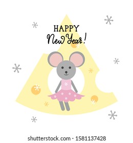 Vector New Year winter illustration with mouse on cheese. Hand lettering "Happy New Year." Template for print, packaging, postcards, clothes and other uses.