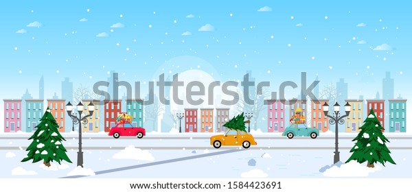 Vector of a new year winter old town street\
with christmas trees and passing by cars with gifts on a cityscape\
background.