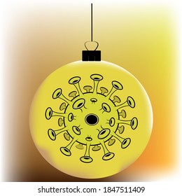 Vector new year's ball of yellow color with the image of a virus.
