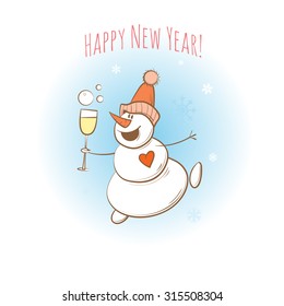 Vector New Year's card with cartoon snowman.