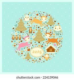 vector New Year's card with goats, birds and bears