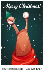 Vector New Year's card Merry Christmas. Portrait of a funny funny slug with a New Year's accessory. Eye patch.