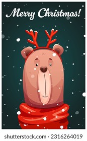 Vector New Year's card Merry Christmas. Portrait of a cheerful bear in a red scarf with a rim of deer horns on his head.