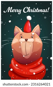 Tarjeta vectora de Año Nuevo Feliz Navidad. Retrato de un lindo gato sonriente con una bufanda roja con una pequeña gorra en la cabeza.