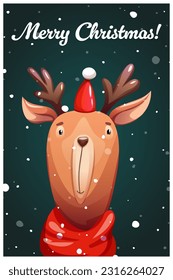 Vector New Year's card Merry Christmas. Portrait of a smiling deer in a red scarf with a small cap on his head.