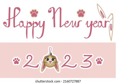 Vector New Year's card in pink tones with handwritten text, with a Christmas ball in the form of a rabbit, with paws and ears of a rabbit on the background.