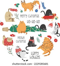 Vector New Year's collection. Cute cats are hooligans, knocked down the Christmas tree, tangled in the garland. New Year mittens, hats, twigs. New Year inscriptions