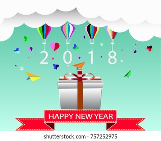 Vector New Year's greetings balloon lifted the letter 2018  and happy new year 2018. Paper art style