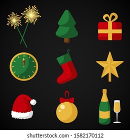 Vector New Year's icons of clocks, chimes, Christmas tree, gift, champagne with a glass, Santa Claus caps, decorations. Symbols of the new year in a flat style