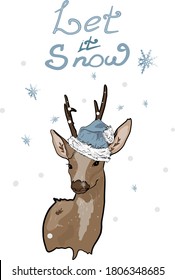 Vector New Year's illustration. Deer in a Santa hat with an inscription. Festive illustration for printing on clothes, prints, postcards, wrapping paper