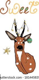 Vector New Year's illustration. Deer in a Santa hat with an inscription. Festive illustration for printing on clothes, prints, postcards, wrapping paper