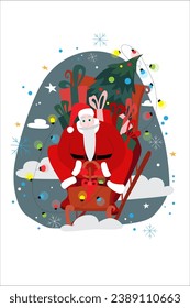 Vector New Year's illustration in flat style with Santa Claus on a sleigh with a bag of gifts, a garland and a Christmas tree.