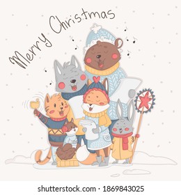 Vector New Year's illustration. A group of animals are singing Christmas carols. Merry Christmas!