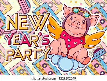 Vector New year's party banner with  airman pig in a pilot hat, template for radio, Festival, Event, Club poster, Invitation, website. Fun horizontal background.