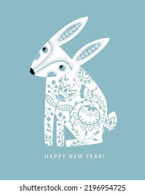 Cartel de Año Nuevo vector con liebre. Conejo en patrones florales. Símbolo de 2023. Calendario chino. ¡Feliz Navidad y Feliz Año Nuevo! Conejo blanco.