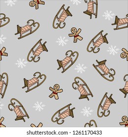 Vector. New Year's seamless pattern. Sledge of Santa Claus on a gray background.