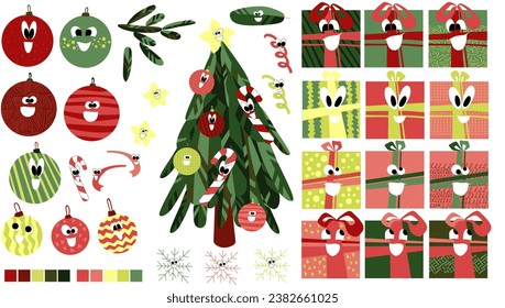 Vector New Year's set of gift boxes with eyes and mouths, New Year's toys, live cute ribbons and stars