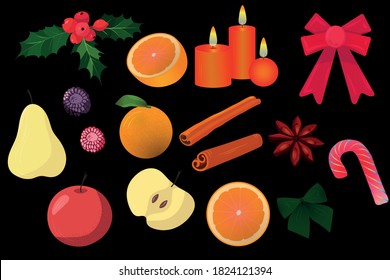 vector new year's set. happy new year. Merry Christmas. still life of orange, candle, star anise and mistletoe.