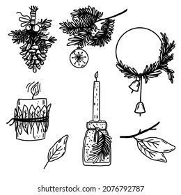 Vector New Years set on isolated white background. Cute Christmas candles, wreath, spruce twigs, cones