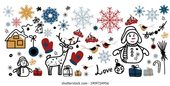 Vector New Year's set of various elements and characters for festive decor and decorations.
