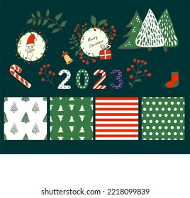Juego de Año Nuevo vector. Flor de hojas y bayas, patrones tradicionales simples, árboles de Navidad, 2023, caramelos rayados