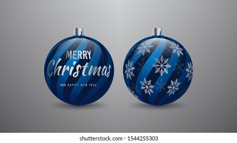 Vector New Year's toys. Set of blue Christmas balls with silver ornament.