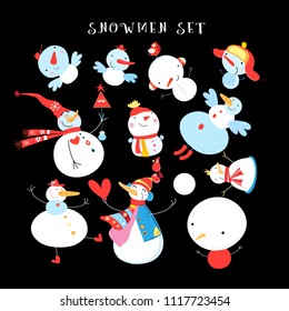 Vector New Year's winter set of different snowmen on a dark background. An example of design for business cards.