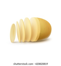 Vector New Yellow Raw Sliced Potato Close up Isolated on White Background